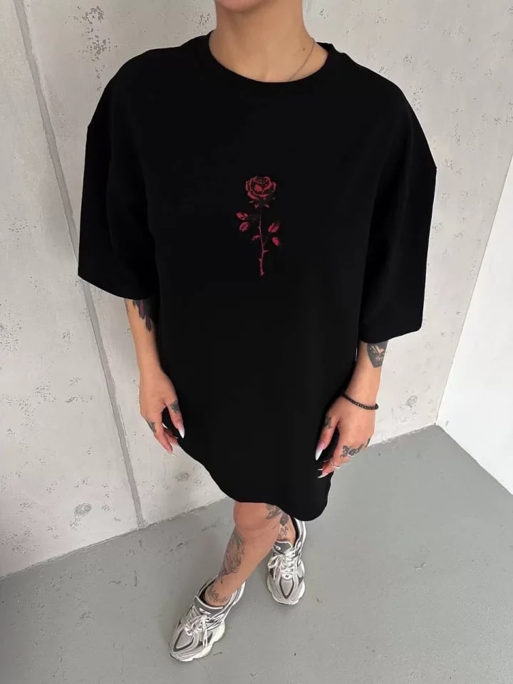 Unisex Bisiklet Yaka Baskılı Oversize T-Shirt - Siyah — görsel 1/2