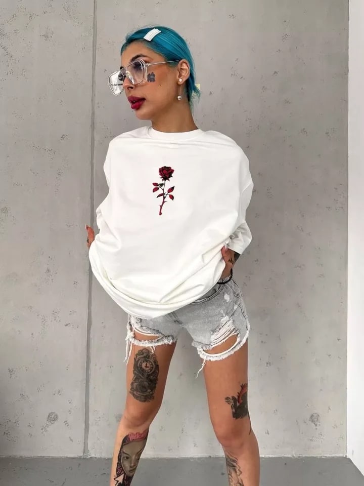 Unisex Bisiklet Yaka Baskılı Oversize T-Shirt - Beyaz — görsel 1/2