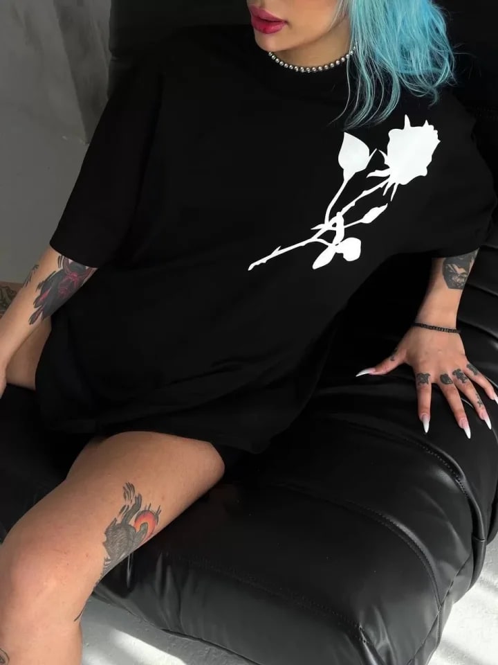 Unisex Bisiklet Yaka Baskılı Oversize T-Shirt - Siyah — görsel 1/3
