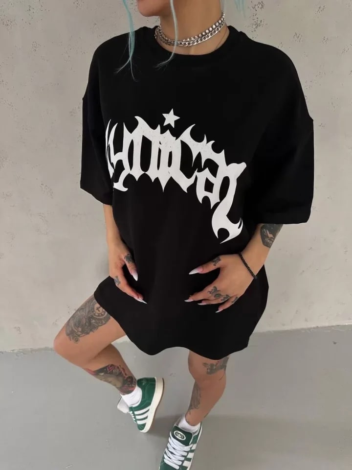 Unisex Bisiklet Yaka Baskılı Oversize T-Shirt - Siyah — görsel 1/3