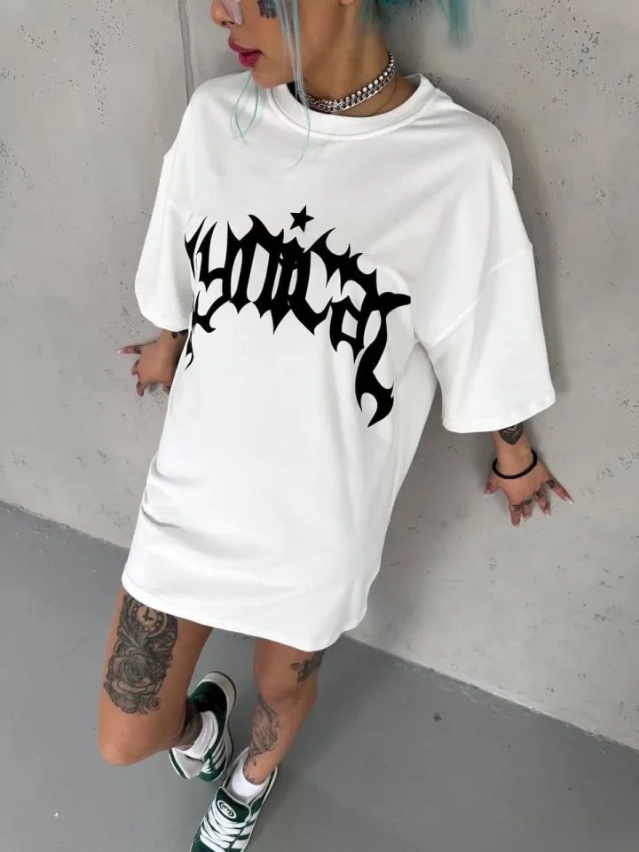 Unisex Bisiklet Yaka Baskılı Oversize T-Shirt - Beyaz — görsel 1/2