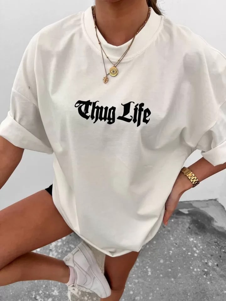 Unisex Bisiklet Yaka Baskılı Oversize T-Shirt - Beyaz — görsel 1/1