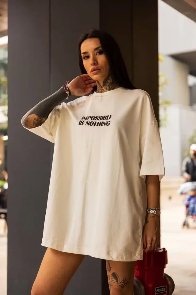Unisex Bisiklet Yaka Baskılı Oversize T-Shirt - Beyaz — görsel 1/2