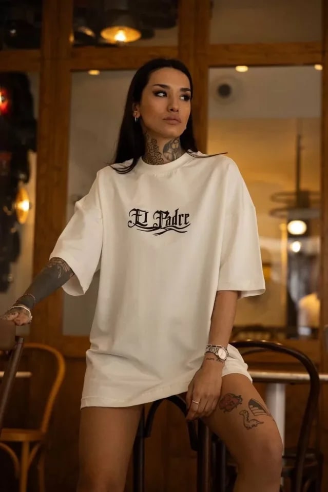 Unisex Bisiklet Yaka Baskılı Oversize T-Shirt - Beyaz — görsel 1/1
