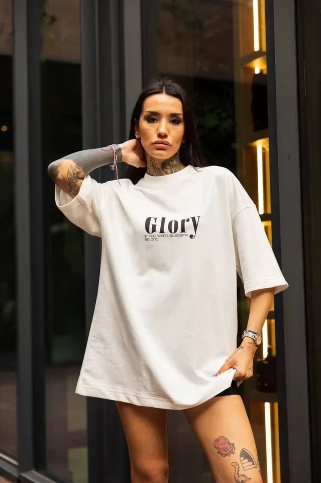 Unisex Bisiklet Yaka Baskılı Oversize T-Shirt - Beyaz — görsel 1/2