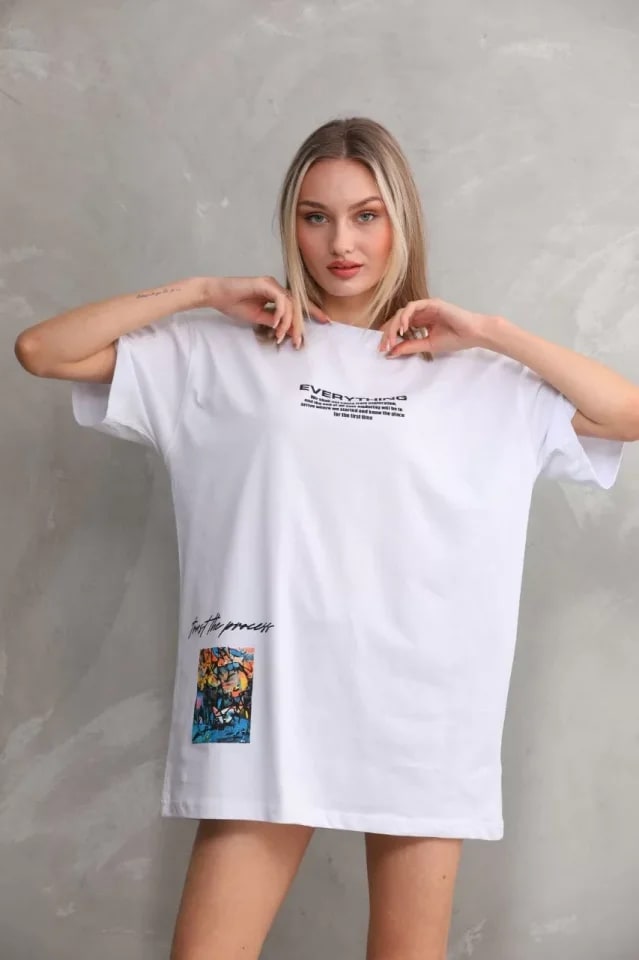 Unisex Bisiklet Yaka Baskılı Oversize T-Shirt - Beyaz — görsel 1/4