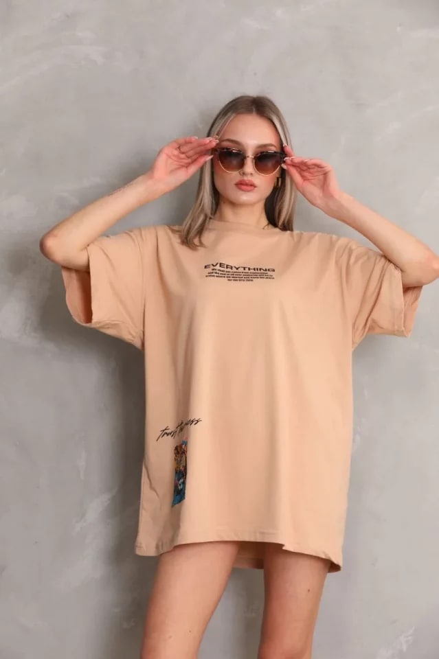Unisex Bisiklet Yaka Baskılı Oversize T-Shirt - Bej — görsel 1/4