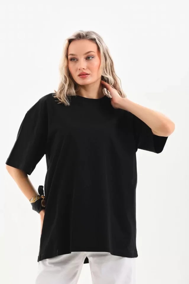 Unisex Bisiklet Yaka 20/1 Düz Oversize T-Shirt - Siyah — görsel 1/4