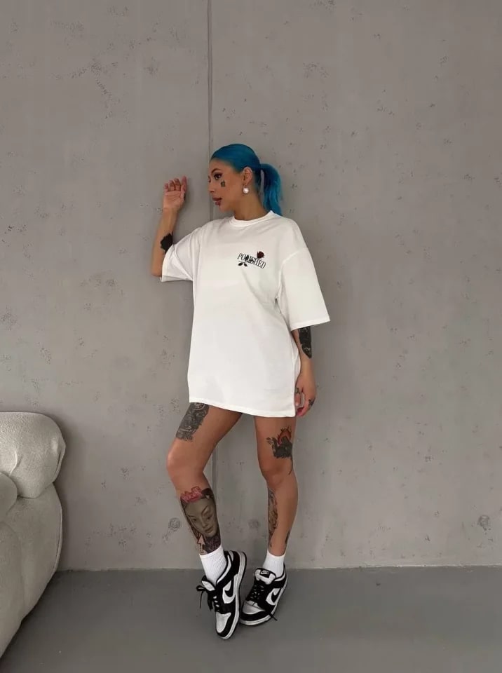 Unisex Bisiklet Yaka Baskılı Oversize T-Shirt - Beyaz — görsel 1/2