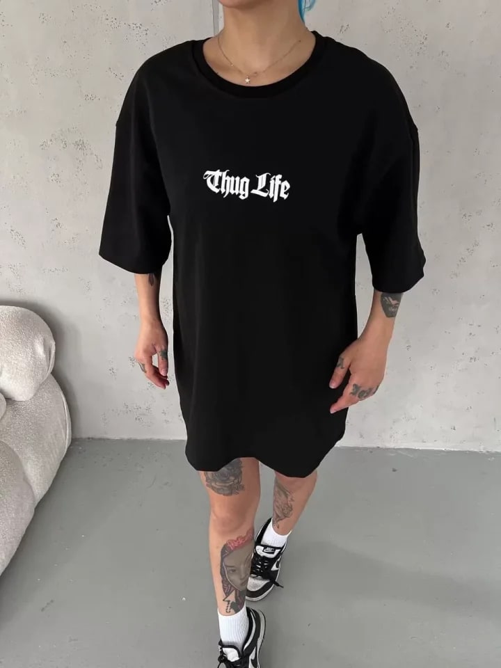 Unisex Bisiklet Yaka Baskılı Oversize T-Shirt - Siyah — görsel 1/3