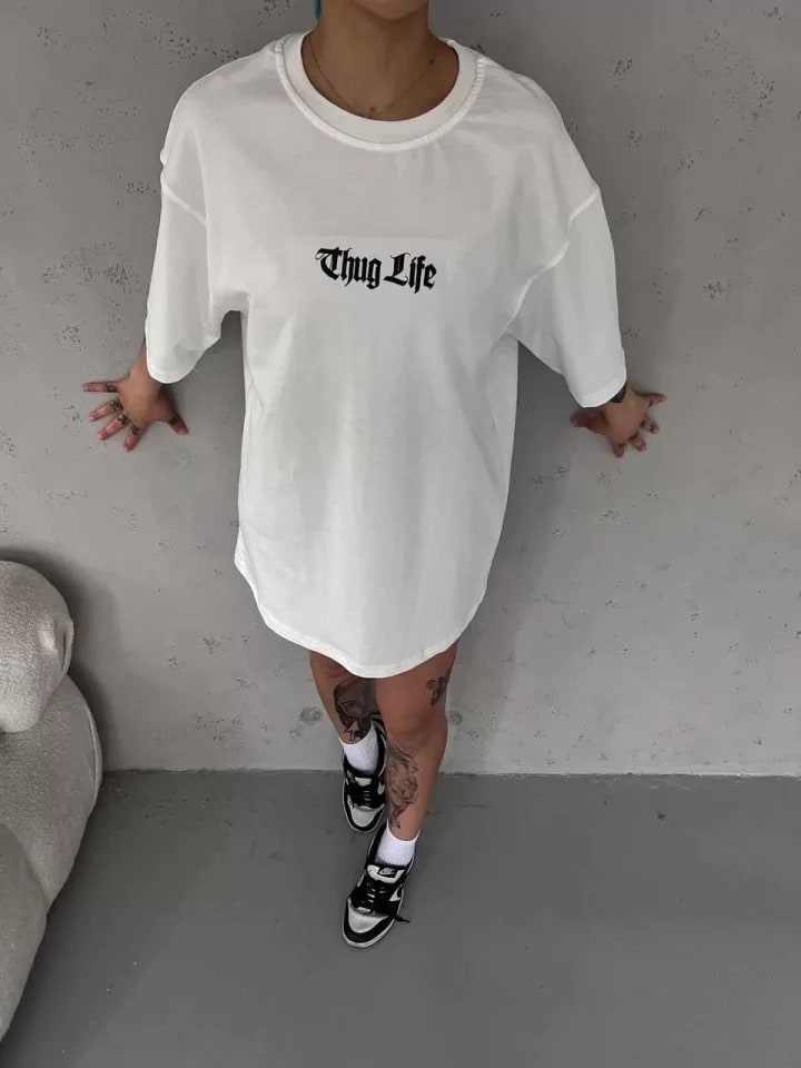 Unisex Bisiklet Yaka Baskılı Oversize T-Shirt - Beyaz — görsel 1/4