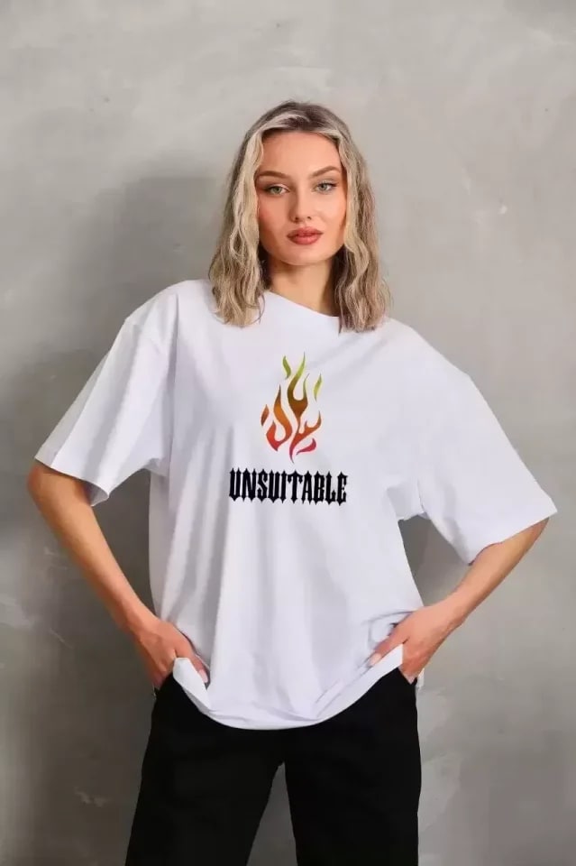 Unisex Bisiklet Yaka Baskılı Oversize T-Shirt - Beyaz — görsel 1/1