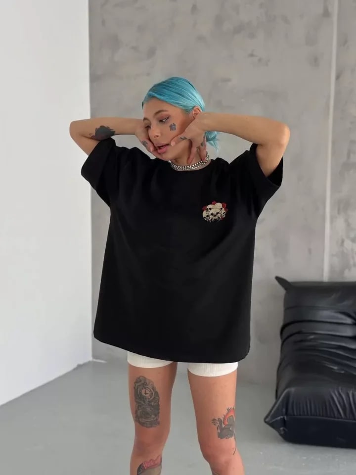 Unisex Bisiklet Yaka Baskılı Oversize T-Shirt - Siyah — görsel 1/1
