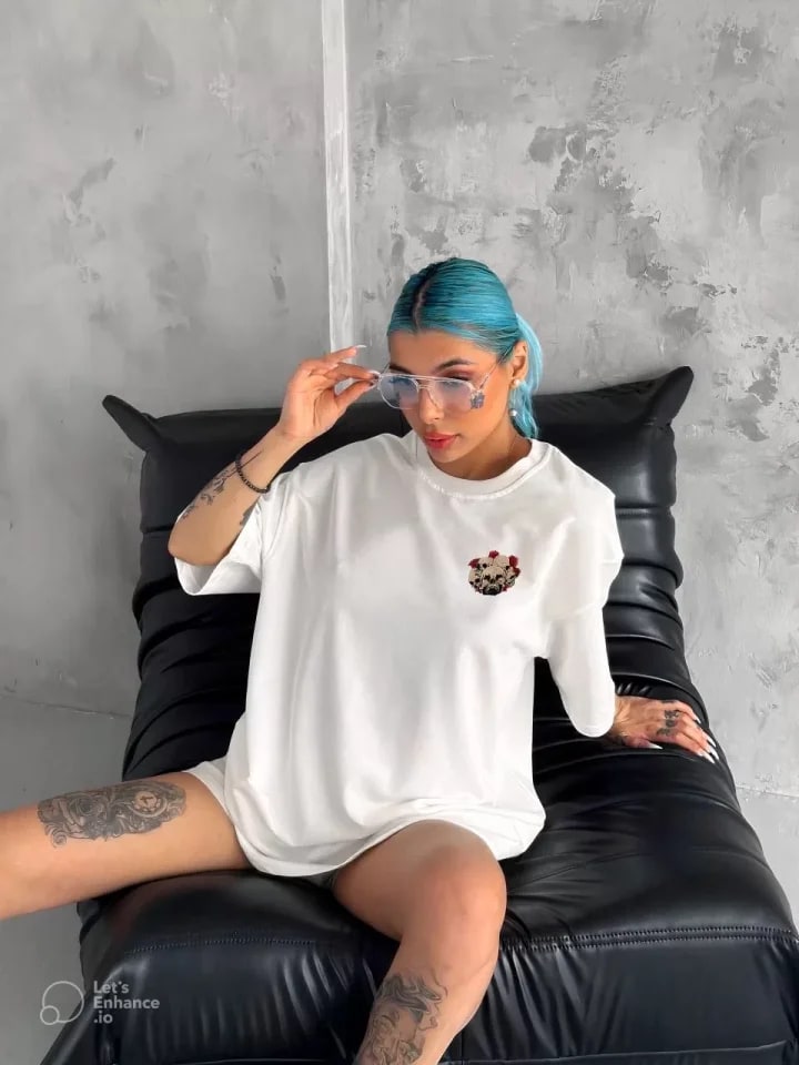 Unisex Bisiklet Yaka Baskılı Oversize T-Shirt - Beyaz — görsel 1/2