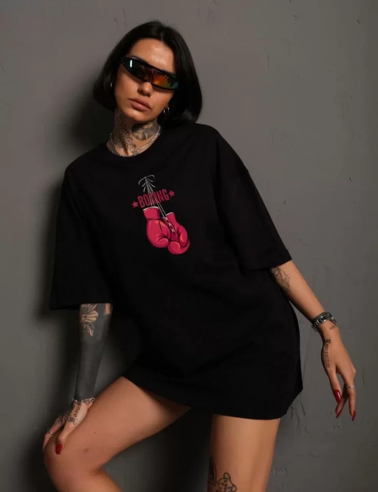 Unisex Bisiklet Yaka Baskılı Oversize T-Shirt - Siyah — görsel 1/1