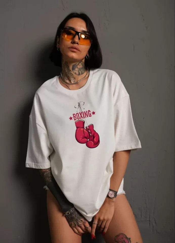 Unisex Bisiklet Yaka Baskılı Oversize T-Shirt - Beyaz — görsel 1/1