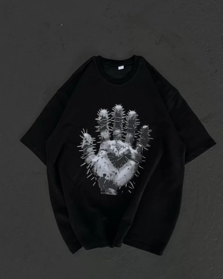 Unisex Bisiklet Yaka Baskılı Oversize T-Shirt - Siyah — görsel 1/2