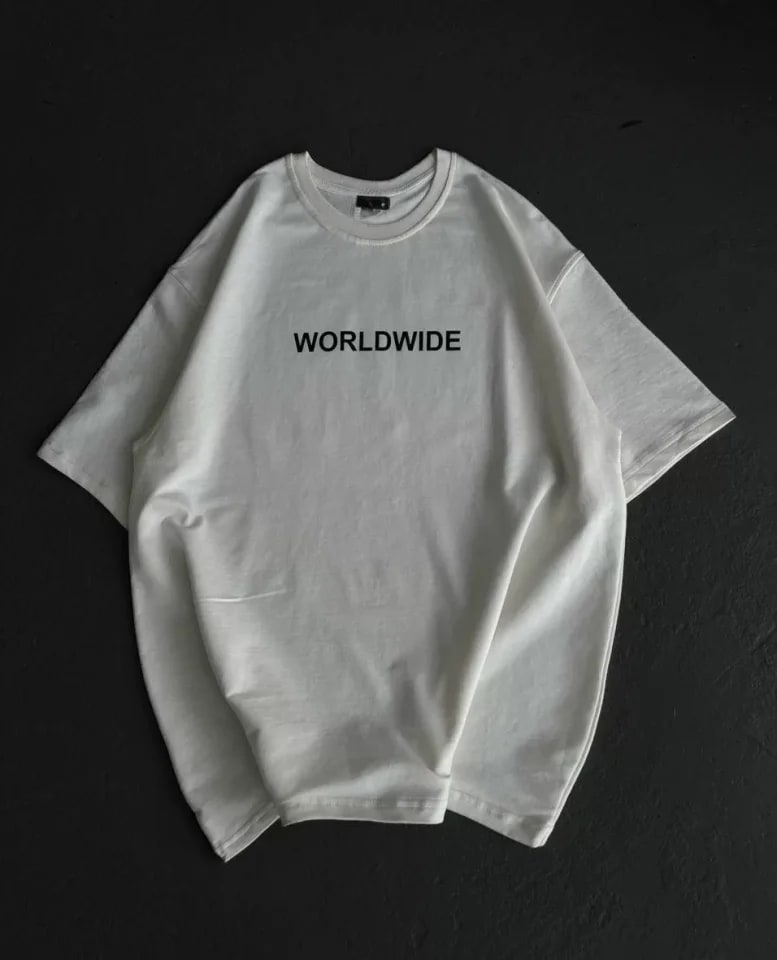 Unisex Bisiklet Yaka Baskılı Oversize T-Shirt - Beyaz — görsel 1/2