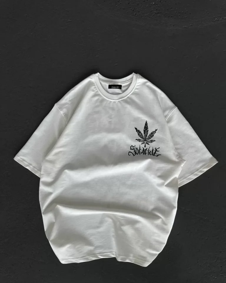 Unisex Bisiklet Yaka Baskılı Oversize T-Shirt - Beyaz — görsel 1/2