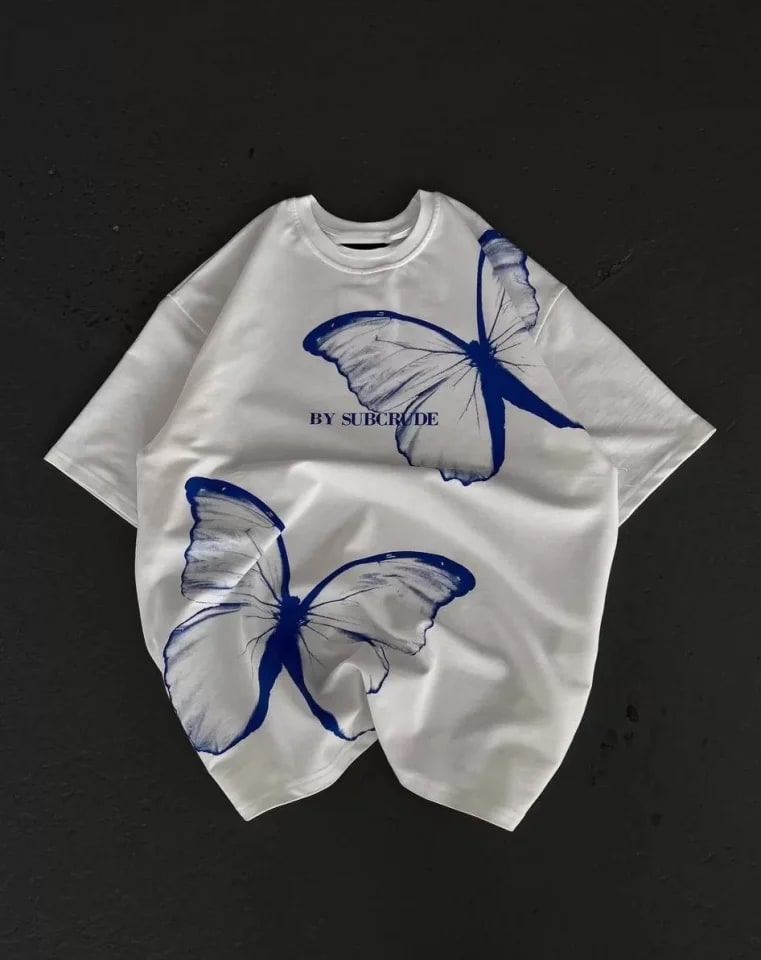 Unisex Bisiklet Yaka Baskılı Oversize T-Shirt - Beyaz — görsel 1/1