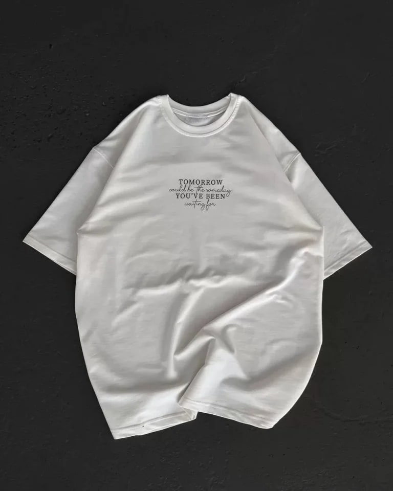 Unisex Bisiklet Yaka Baskılı Oversize T-Shirt - Beyaz — görsel 1/1