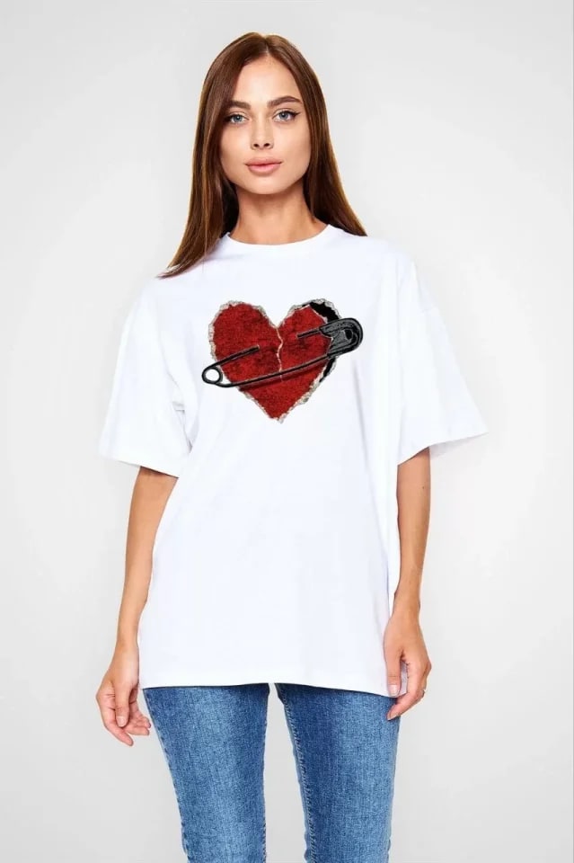 Unisex Bisiklet Yaka Baskılı Oversize T-Shirt - Beyaz — görsel 1/1