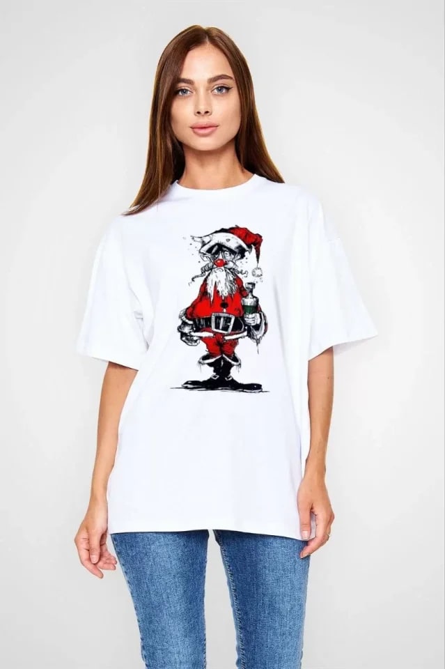 Unisex Bisiklet Yaka Baskılı Oversize T-Shirt - Beyaz — görsel 1/1