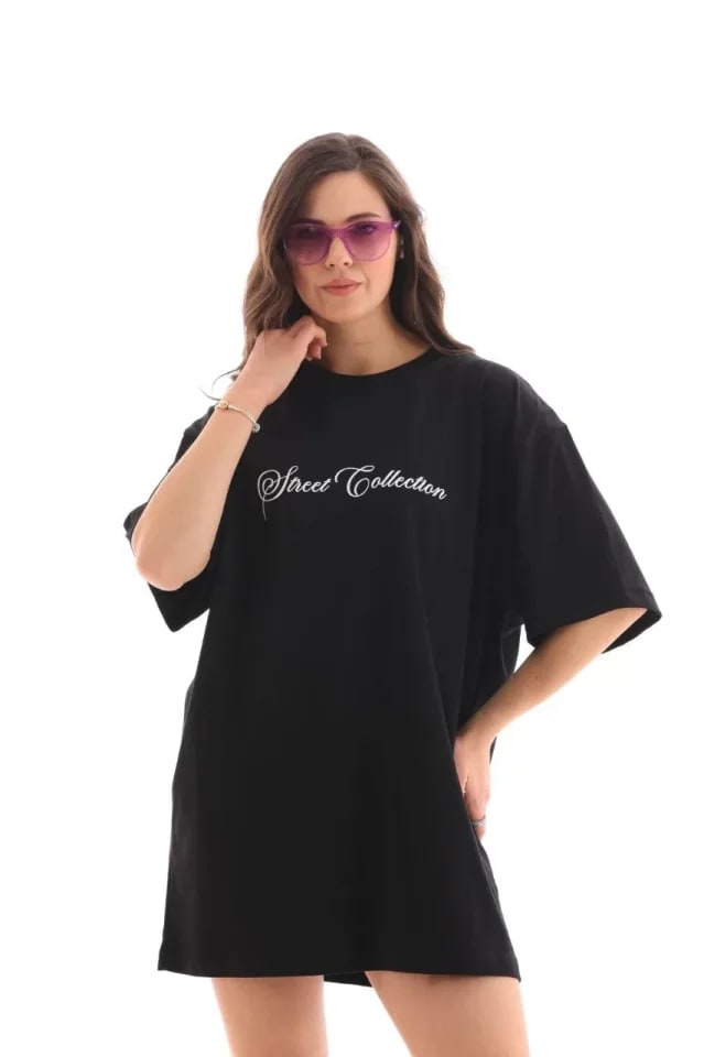 Unisex Bisiklet Yaka Baskılı Oversize T-Shirt - Siyah — görsel 1/4