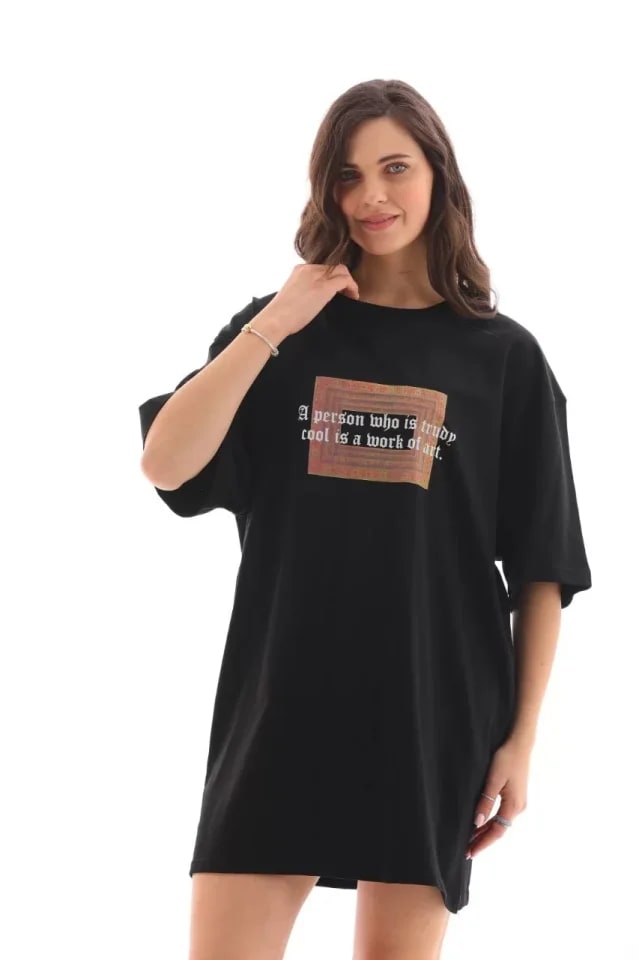 Unisex Bisiklet Yaka Baskılı Oversize T-Shirt - Siyah — görsel 1/4