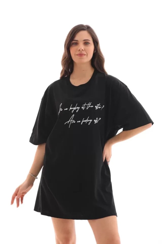 Unisex Bisiklet Yaka Baskılı Oversize T-Shirt - Siyah — görsel 1/4