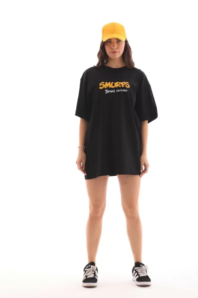 Unisex Bisiklet Yaka Baskılı Oversize T-Shirt - Siyah — görsel 1/4
