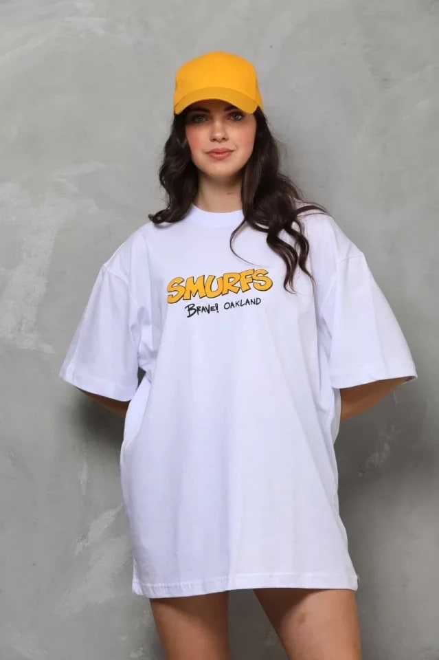 Unisex Bisiklet Yaka Baskılı Oversize T-Shirt - Beyaz — görsel 1/4