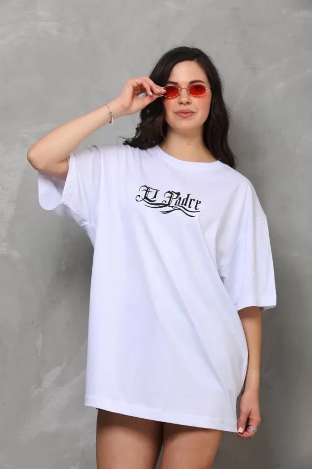 Unisex Bisiklet Yaka Baskılı Oversize T-Shirt - Beyaz — görsel 1/4