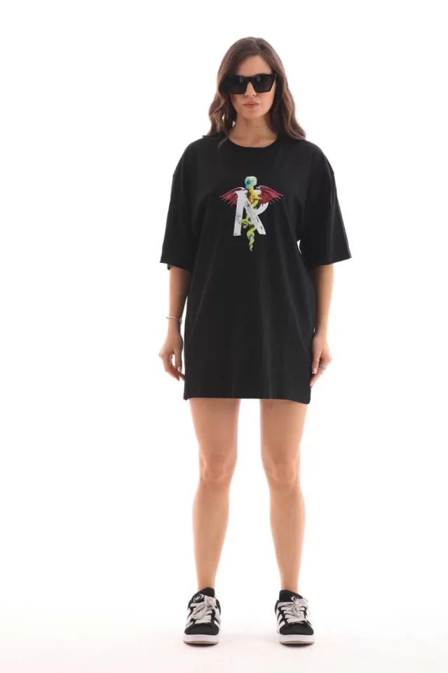 Unisex Bisiklet Yaka Baskılı Oversize T-Shirt - Siyah — görsel 1/4