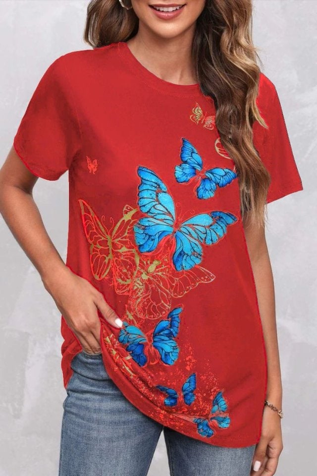 Kadın Kısa Kollu Mavi Sarı Kelebek Baskı Süprem T-Shirt — görsel 1/5