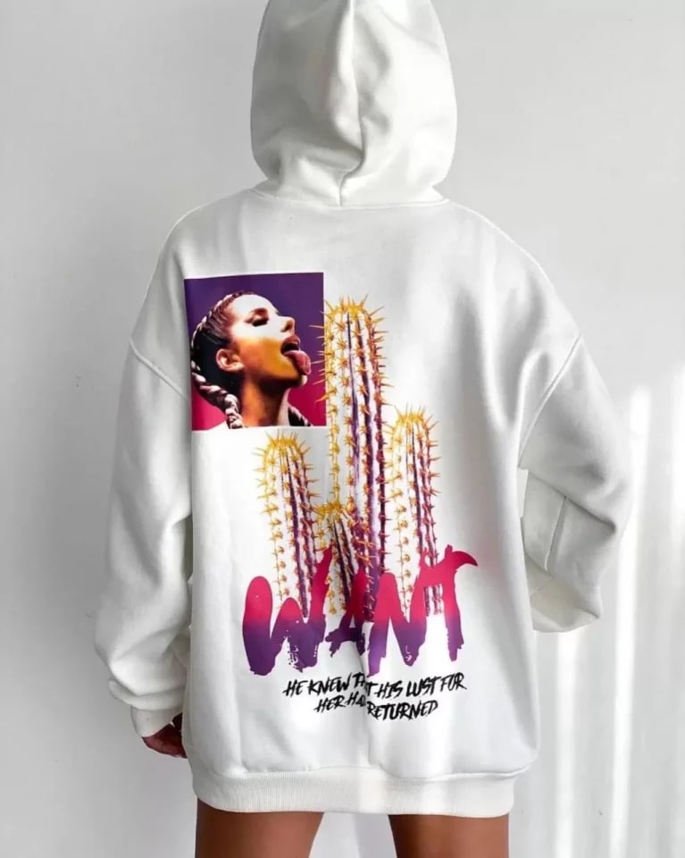 Baskılı Üç İplik Kapüşonlu Oversize Sweatshirt - Beyaz — görsel 1/2