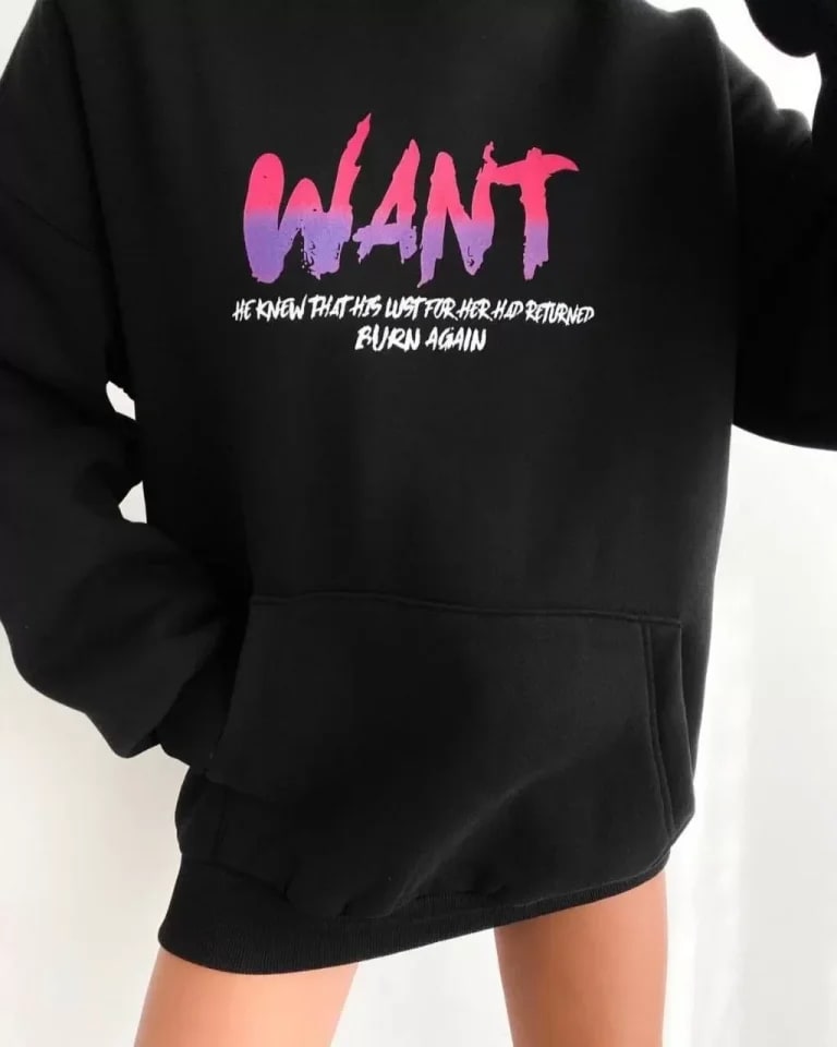 Baskılı Üç İplik Kapüşonlu Oversize Sweatshirt - Siyah — görsel 1/3