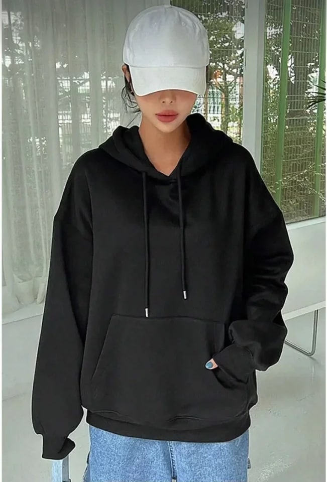 Erkek Uzun Kol Kapüşonlu Basic Sweatshirt Hoodie - Siyah — görsel 1/1