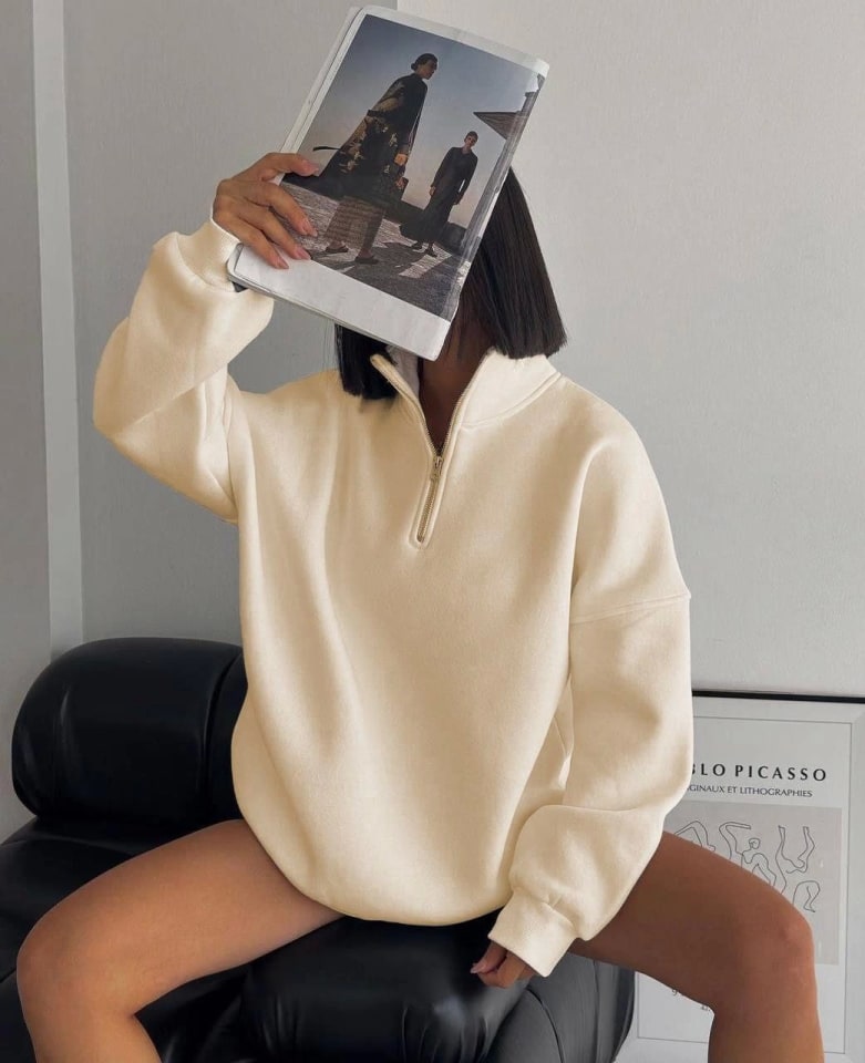 Yarım Fermuarlı Üç İplik Sweatshirt - Bej — görsel 1/1