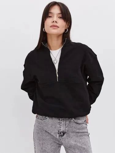 Oversize Yarım Farmuarlı Yakalı Basic Sweatshirt - Siyah — görsel 1/4