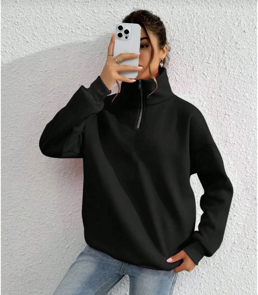 Unisex Uzun Kol Yarım Farmuarlı Yakalı Basic Sweatshirt - Siyah — görsel 1/4