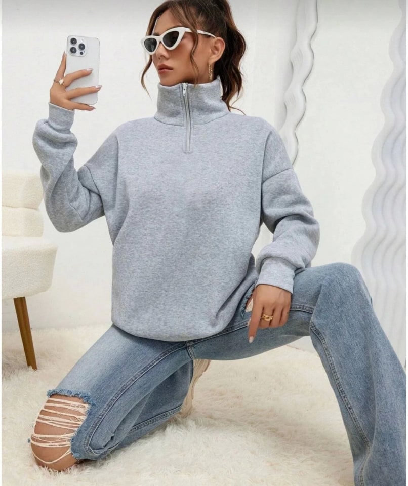 Unisex Uzun Kol Yarım Farmuarlı Yakalı Basic Sweatshirt - Gri — görsel 1/3