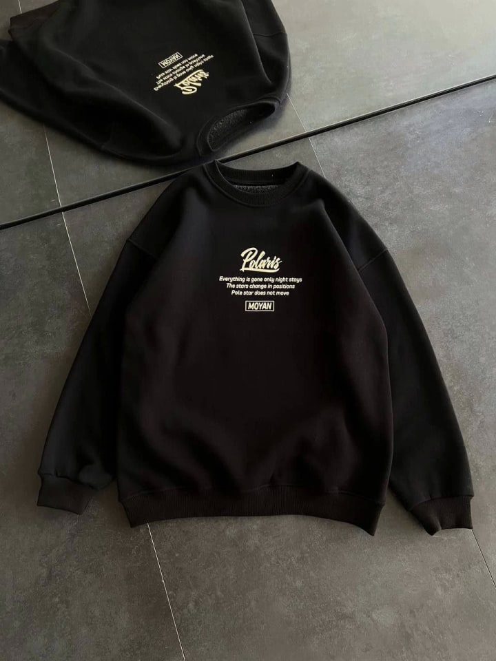 Kışlık Bisiklet Yaka Ön Ve Arka Baskılı Sweatshirt - Siyah — görsel 1/4