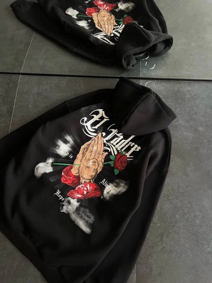 Üç İplik Penye Uzun Kol Kapüşonlu Baskılı Sweatshirt - Siyah — görsel 1/3
