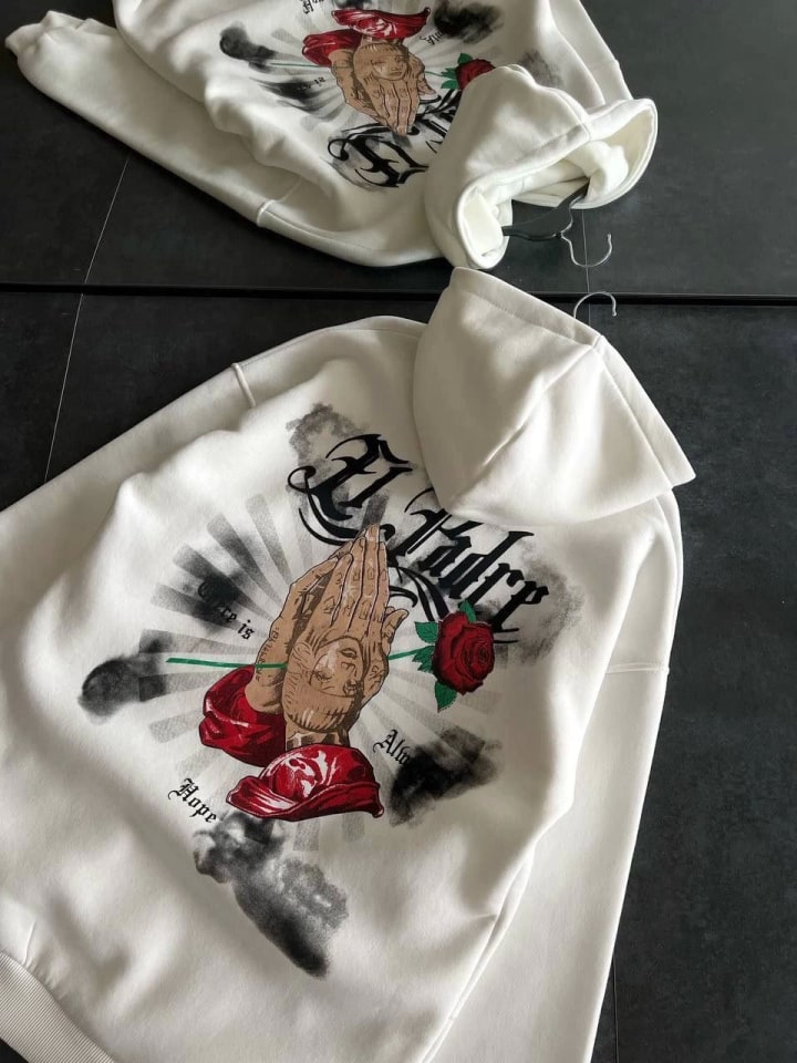 Üç İplik Penye Uzun Kol Kapüşonlu Baskılı Sweatshirt - Beyaz — görsel 1/2