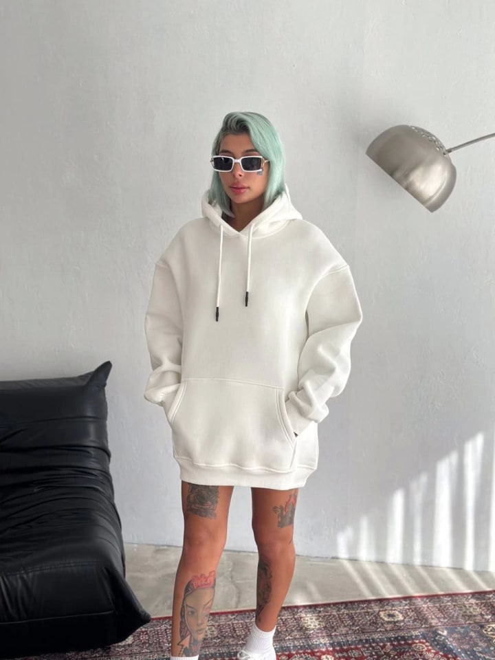 Kapüşonlu Üç İplik Penye Basic Sweatshirt - Beyaz — görsel 1/2