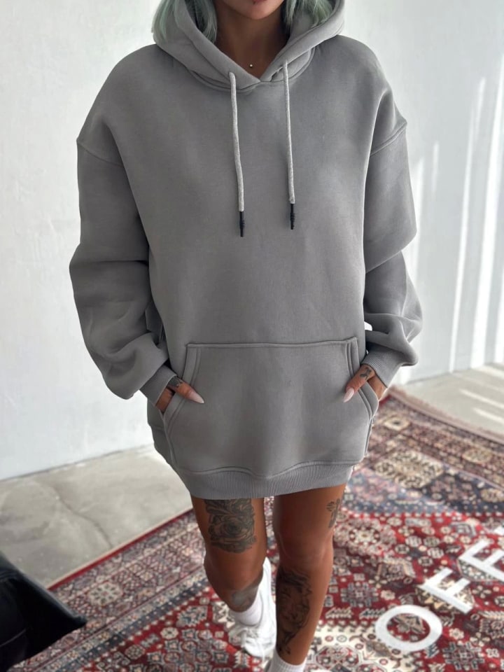 Kapüşonlu Üç İplik Penye Basic Sweatshirt - Boyalı Gri — görsel 1/2