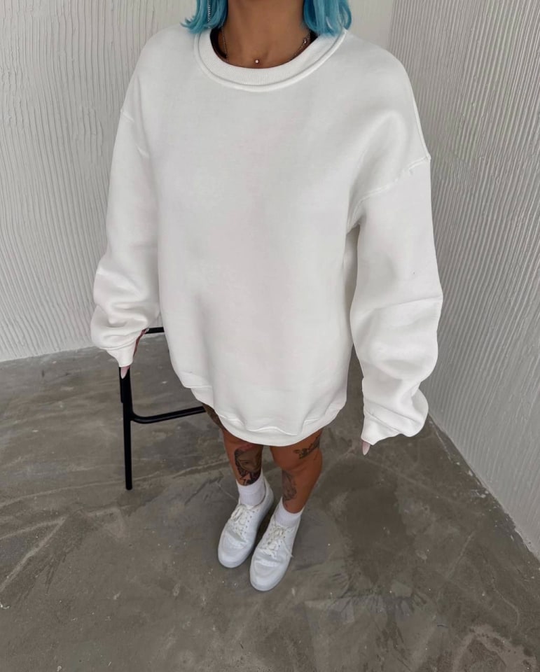 Kışlık Bisiklet Yaka Üç İplik Basic Sweatshirt - Beyaz — görsel 1/2
