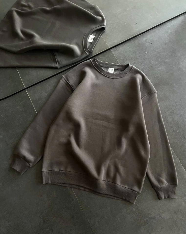 Kışlık Bisiklet Yaka Üç İplik Basic Sweatshirt - Füme — görsel 1/2