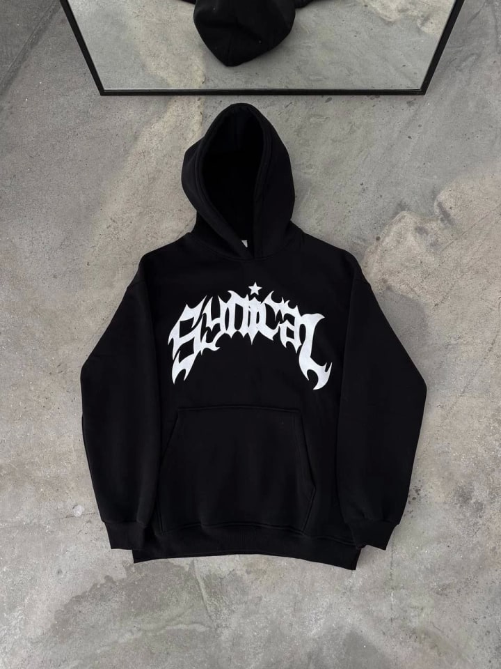 Üç İplik Kapüşonlu Baskılı Oversize Sweatshirt - Siyah — görsel 1/2